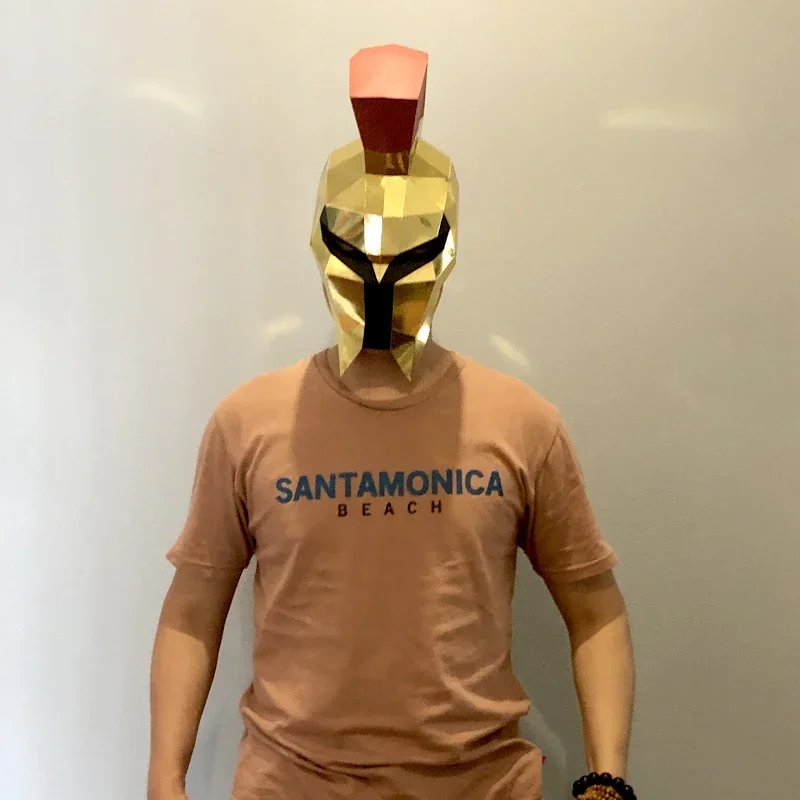 Modello di carta maschera per casco guerriero spartano dorato, dimensioni ridotte, cosplay per feste in costume 3D Papercraft, artigianato fai da te fatto a mano RTY149