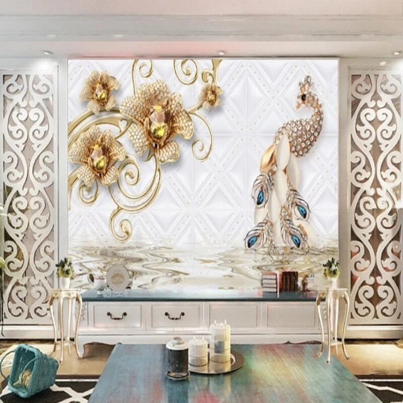 European-Style 3D Brick And Stone Jewelry Creative Art Flower Peacock High-End Beautiful Bedroom Hotel Decoration Painting Wall