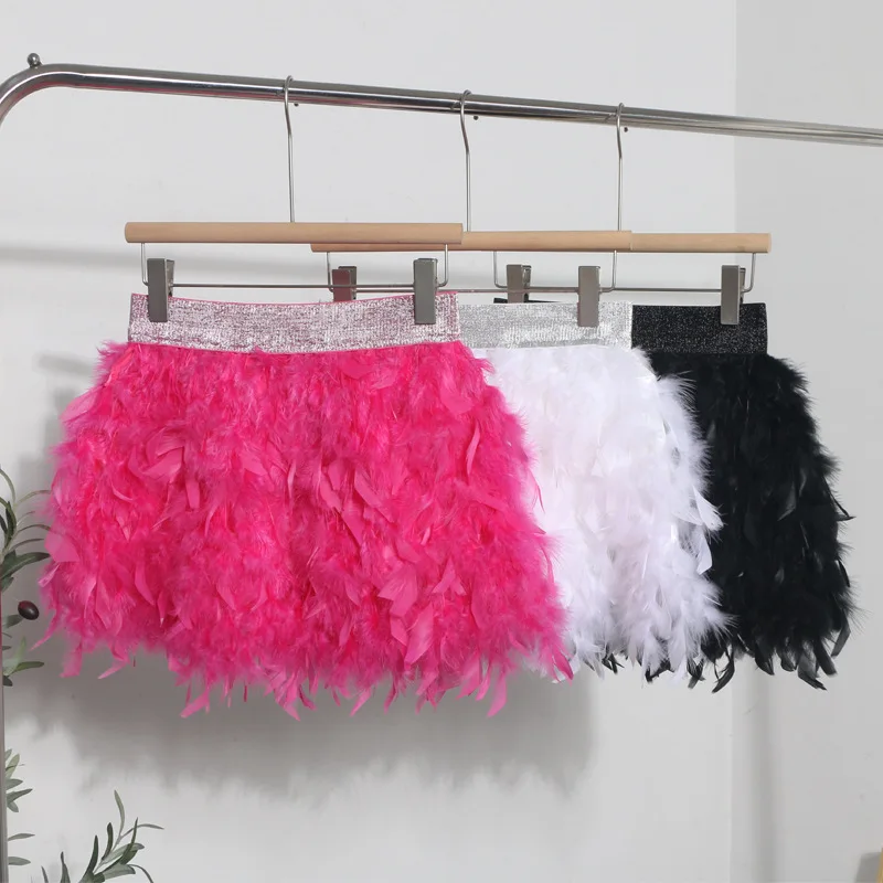 Women White Skirt Puffy Feather High Waist Performance Stage Dancing Costumes Women Skirt Irregular Elastic A-Line Skirt