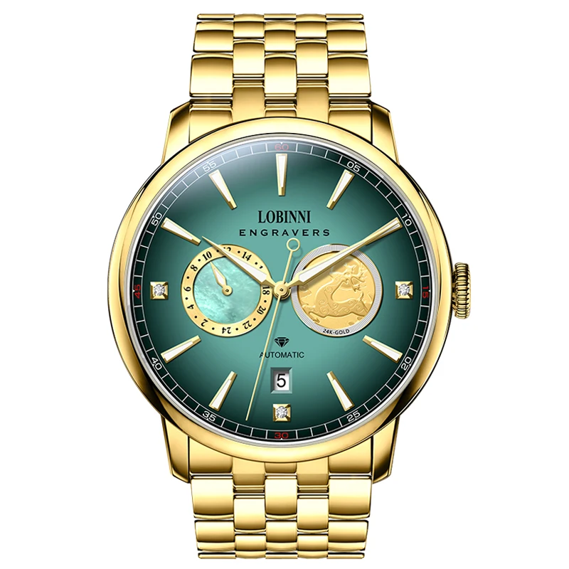 LOBINNI Men Automatic Watch Mechanical Wristwatch Sapphire Luminous Diamond 24K Gold / 18K Platinum MOP 24 Hour Dial Miyota 82S7