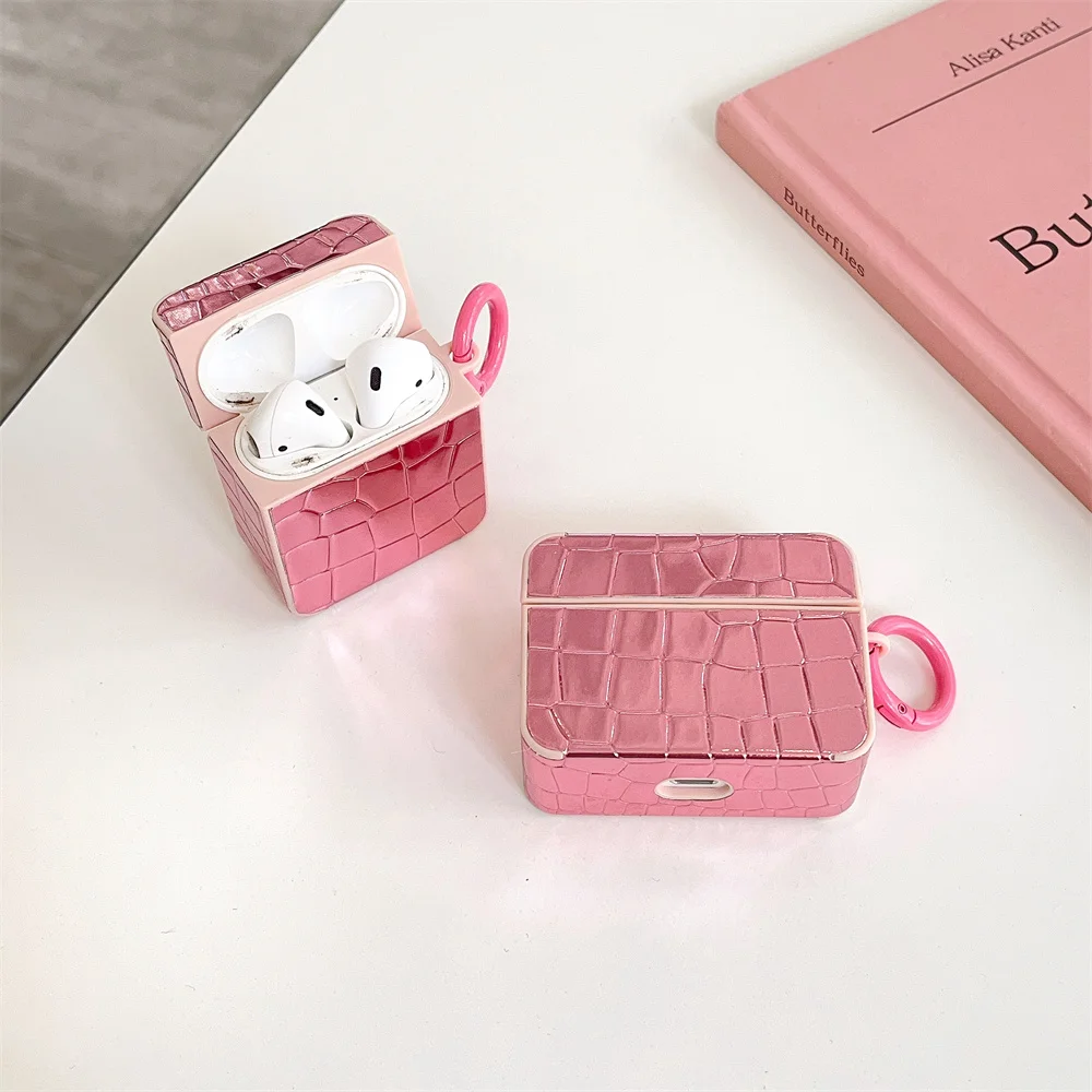 Luxury Crocodile pattern Case For Apple AirPods 3 Pink skin Protective Cover for AirPods 1 2  AirPods Pro 2nd Cases with Keyring