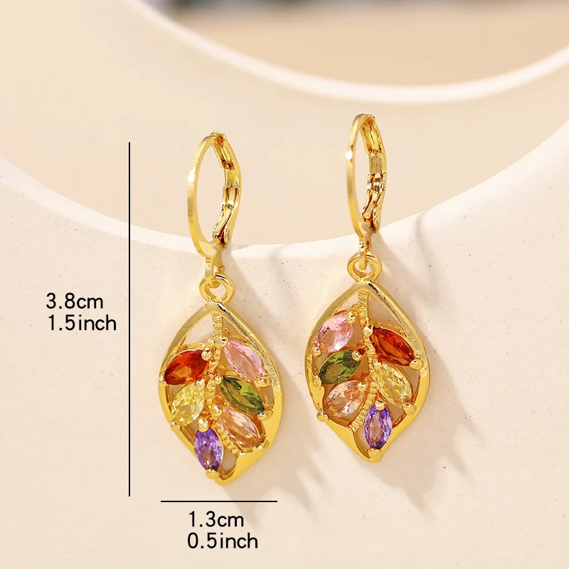 Women\'s Fashion Shiny Colorful Zircon Drop Earrings Multicolor Stone Leaf Rose Gold Color Charming Dangle Earring Wife Jewelry