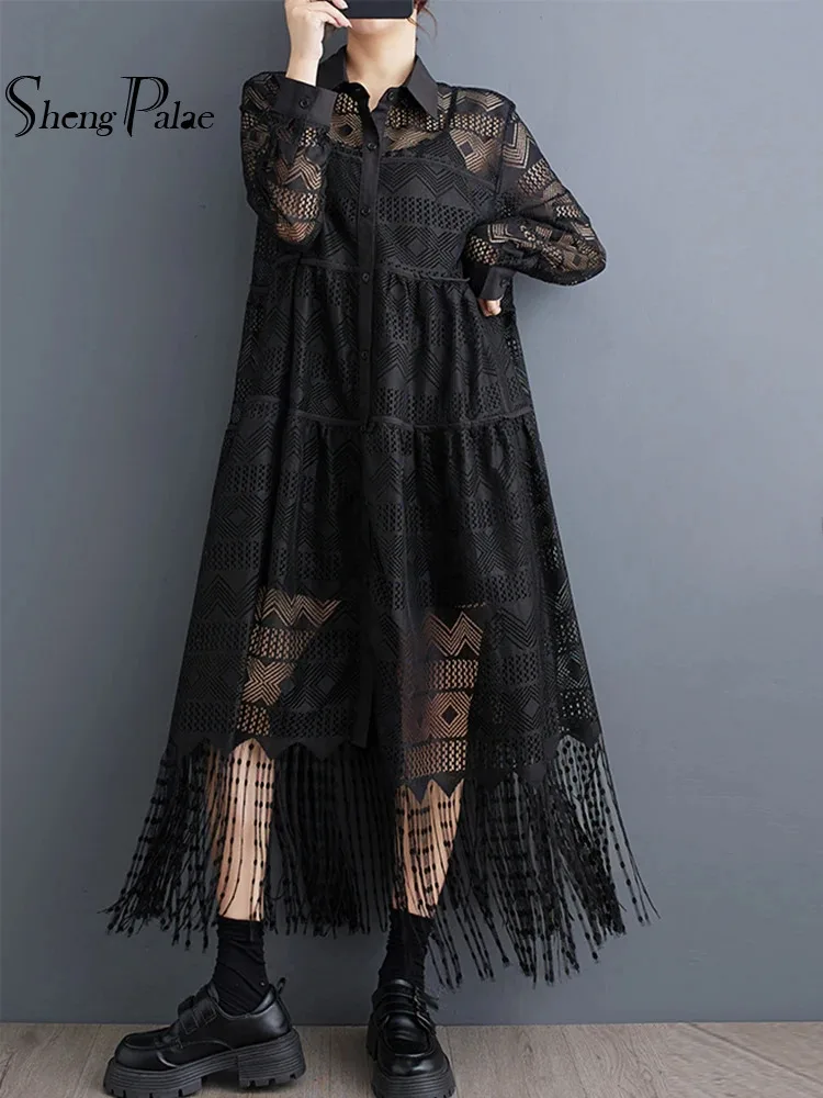 SHENGPALAE Fashion Dress For Women 2025 Spring New Versatile Turn-down Collar Long Sleeves Spliced Lace Oversize Dresses 5G694