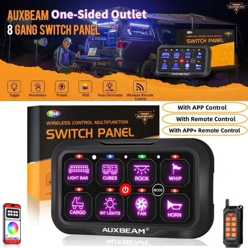 Auxbeam 범용 RGB 8 갱 스위치 패널(앱/원격 제어 전자 릴레이 시스템(단면 콘센트) 포함) 자동차 SUV UTV ATV용