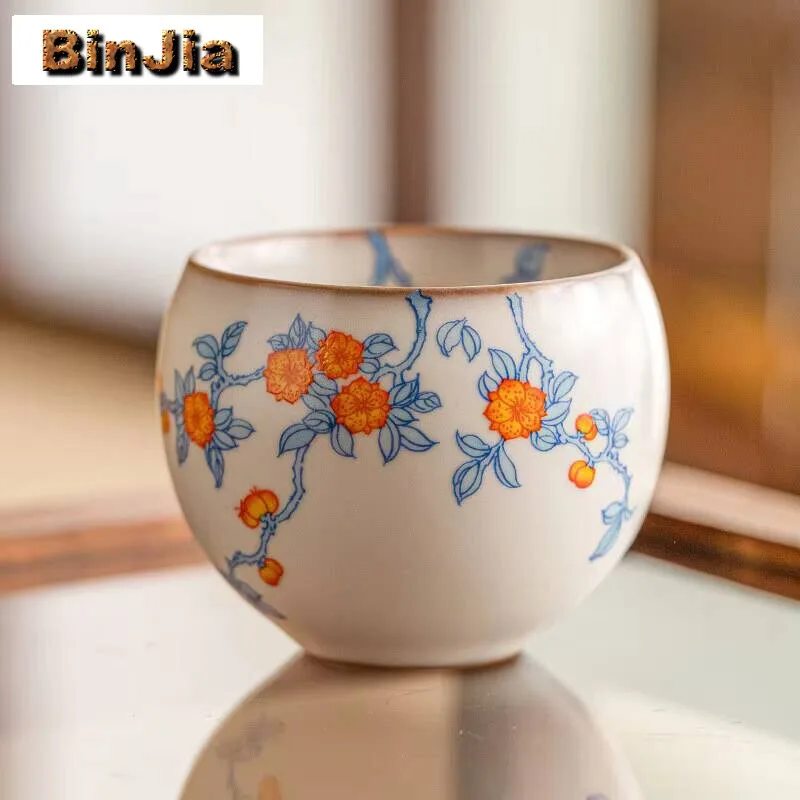 

100Ml Lard Frozen Ru Kiln Porcelain Teacup Apricot Blossom Blue Branch Tea Bowl High End Master Arhat Cup Chazhan Kung Fu Teaset