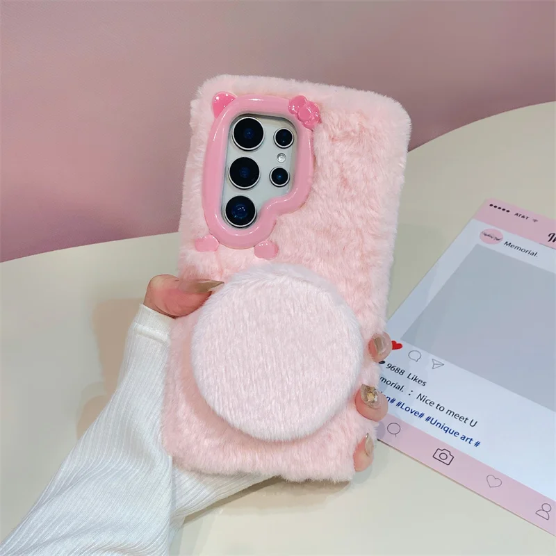 Korean style Plush Warm Hands with mirror Phone Case For Samsung S25 S23 S24 S26 Ultra Plus A55 56 A57 Autumn Winter Furry Cover