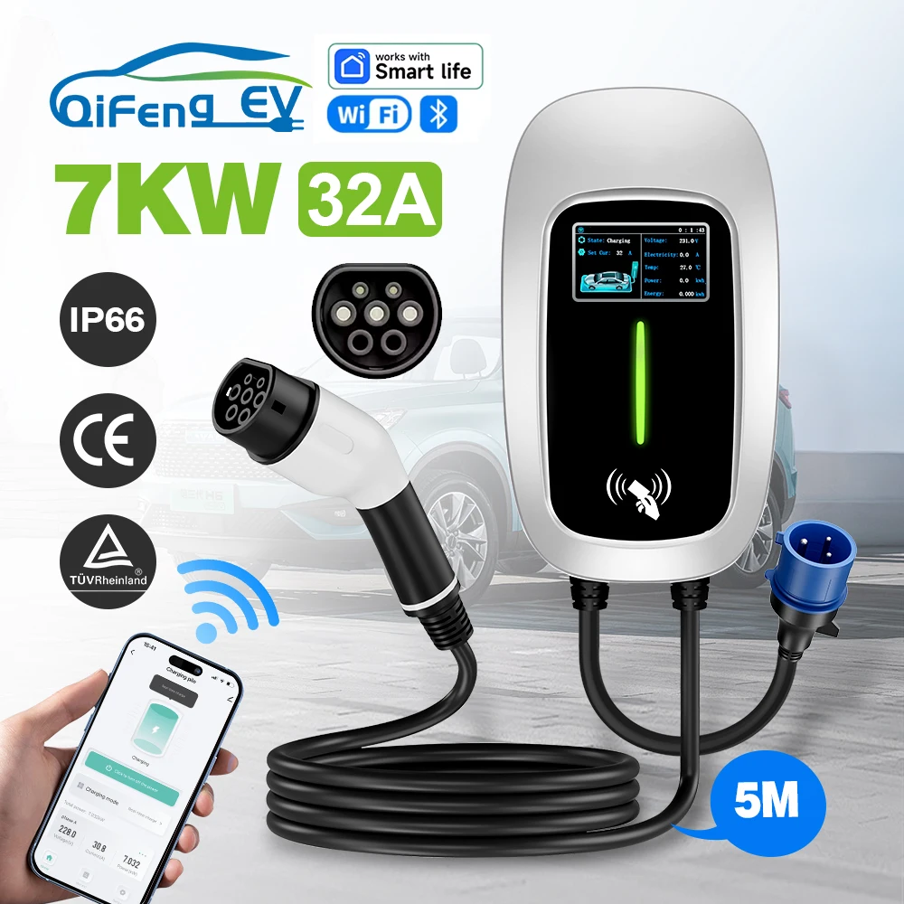 

QiFeng Electric Vehicle Charger 32A 7KW/22KW EVSE Wallbox 11KW 3Phase Type2 Cable IEC62196-2 Socket with APP Control