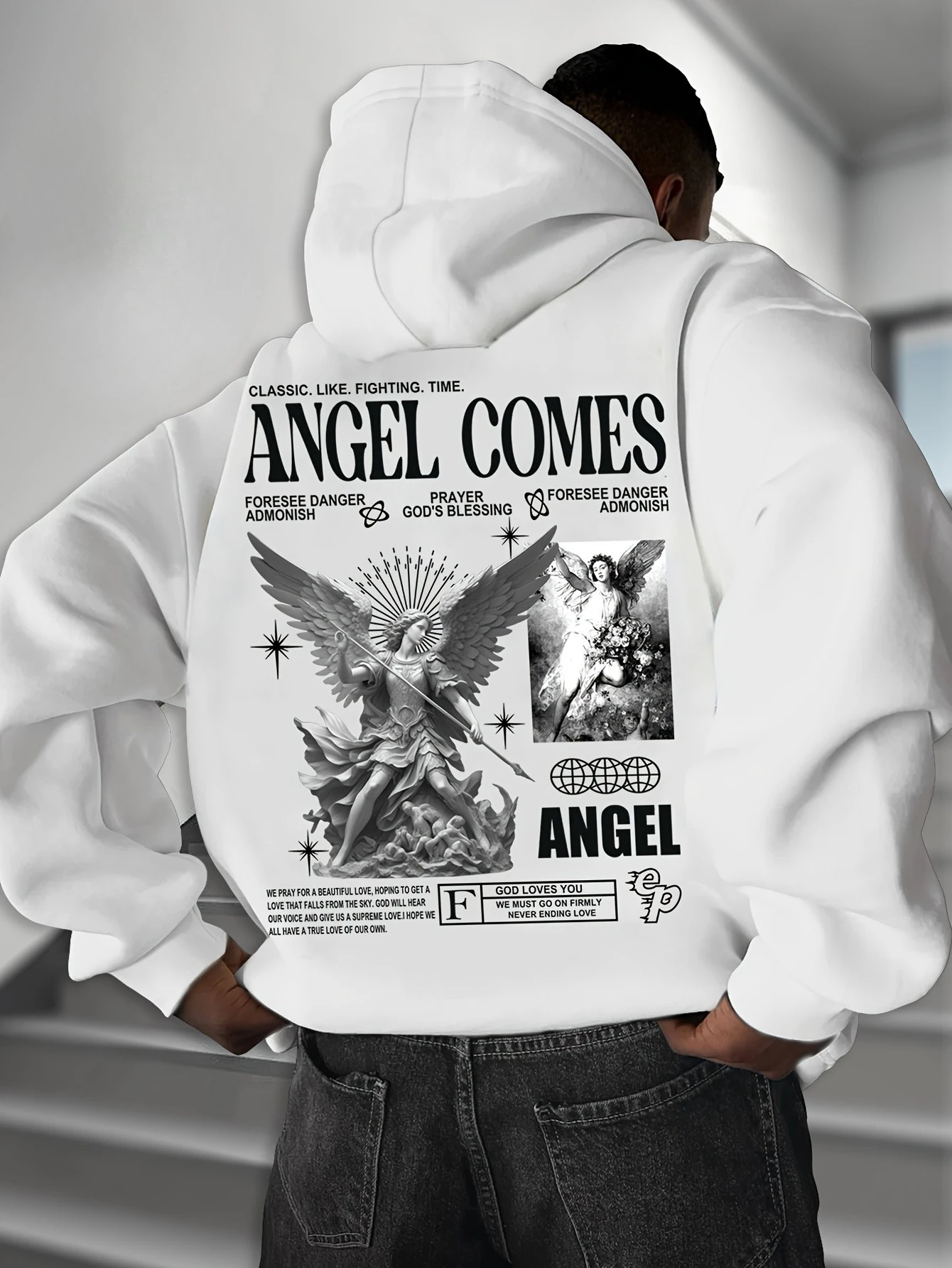 الملاك نمط مطبوعة هوديي 2025 الخريف والشتاء للجنسين القطن الخالص موضة ملابس غير رسمية الرجال الخريف والشتاء هوديي