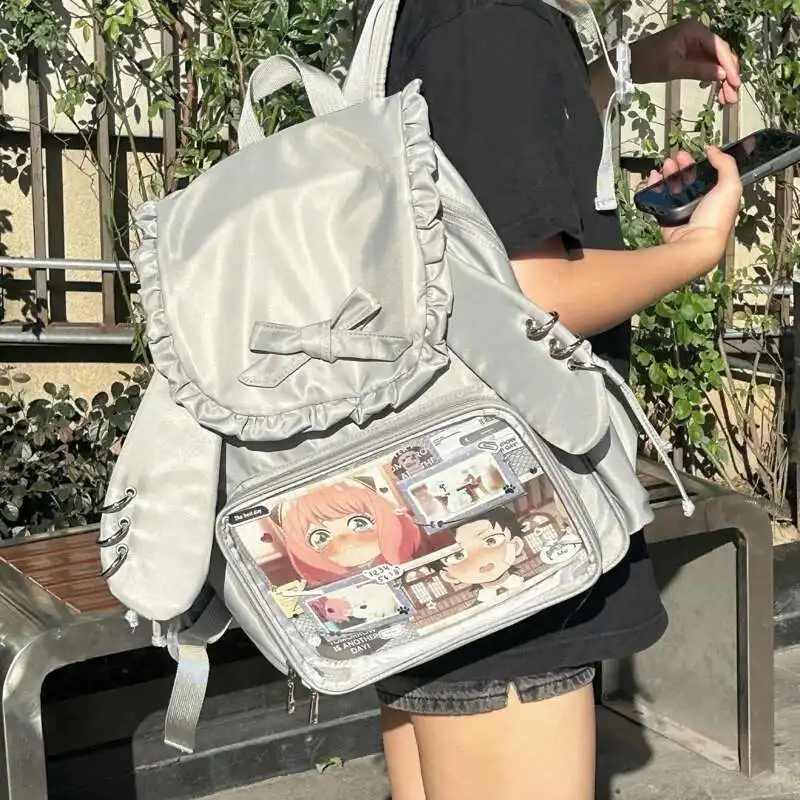 Bowkont Ruffled 일본 Y2k 배낭 투명 포켓 로리타 소녀 가방 대용량 Preppy 스타일 Itabag 토끼 귀 통증 가방