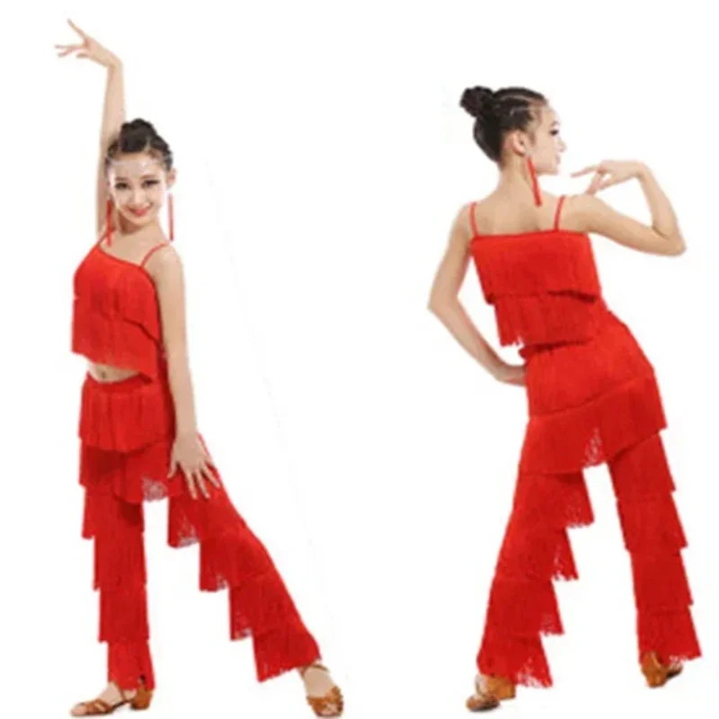 Gaun Dansa Latin CyTassel untuk Anak Perempuan Gaun Rok Ballroom Anak-anak Salsa Latin Samba Tango Cha Cha Kostum Pinggiran Beludru Anak-anak