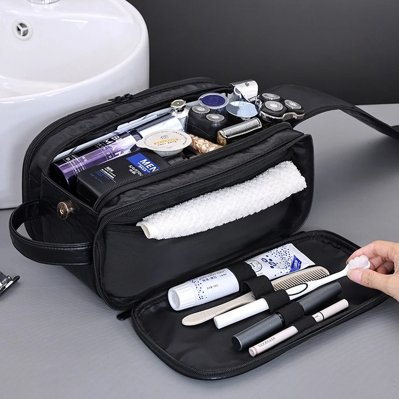 Men PU Leather Travel Toiletry Bag Large Capacity 9 Compartment Cosmetics Organizer Portable Waterproof Storage Pouch for Trip