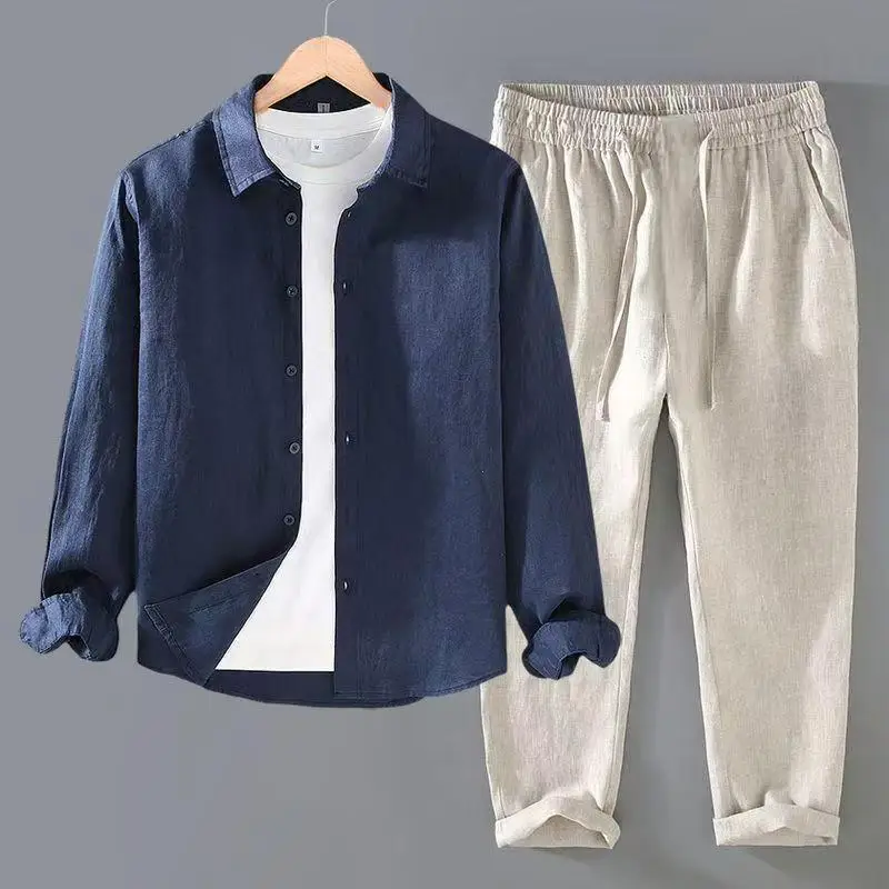 2026 Sommer Herren Baumwoll-Leinen Zweiteiler Set mit Umlegekragen Kurzarmhemd Locker Atmungsaktiv Passende Hose Strandurlaub – Detail 4