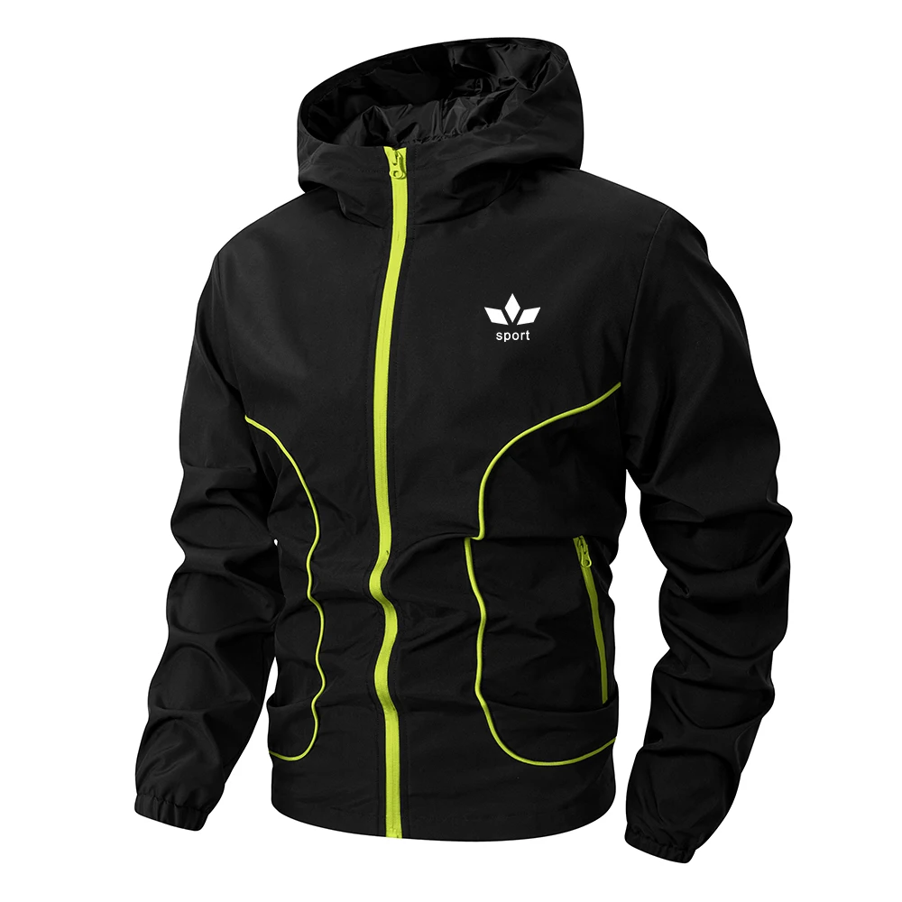 Men’s Casual Hooded Jacket Stylish Graphic Print Zippered Pockets Windproof Outerwear For Outdoor Fitness Camping And Sports