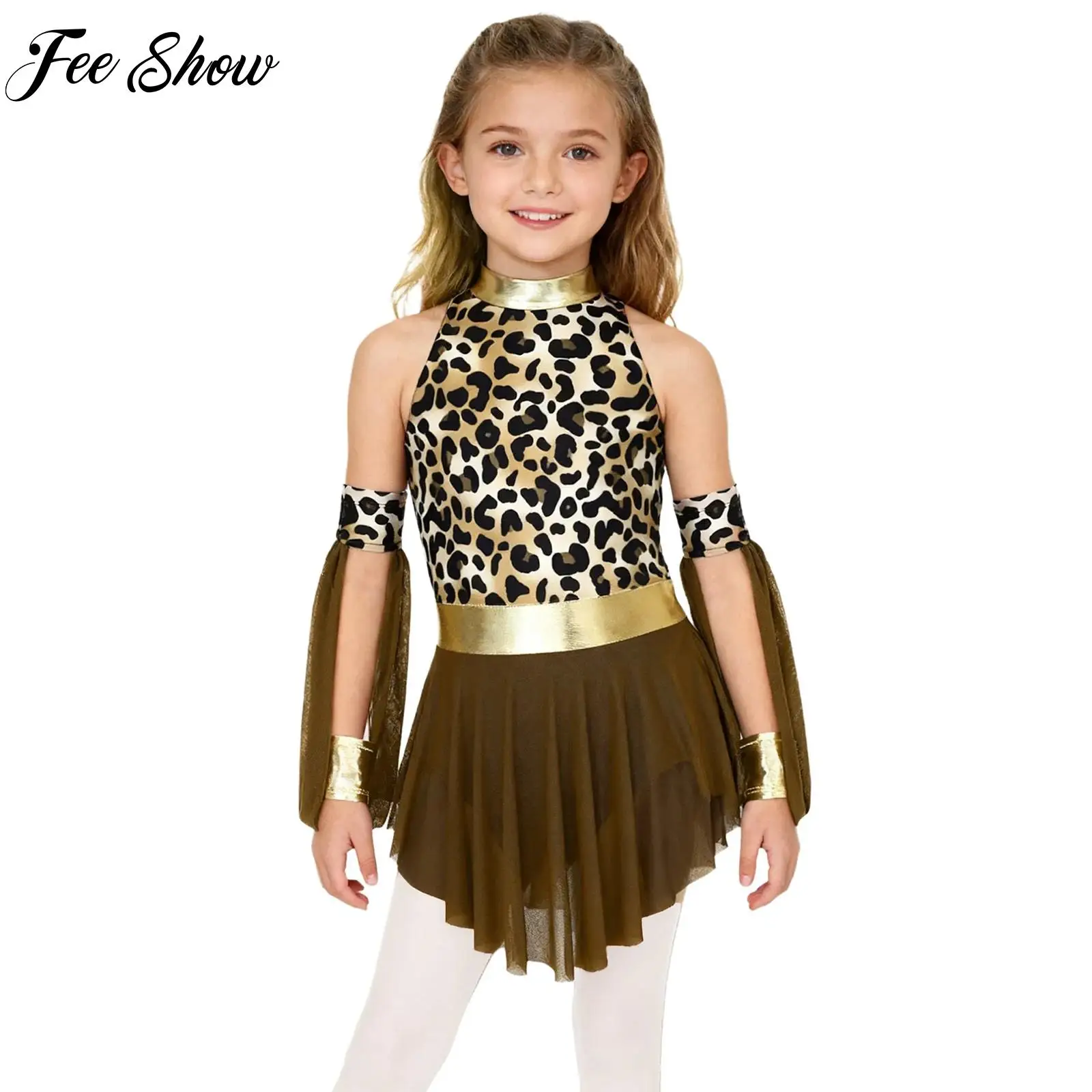 

Halloween Prehistoric Cave Costume for Girls Leopard Print Metallic Gloss Sleeveless Dress+Matched Oversleeves Cosplay Clubwear