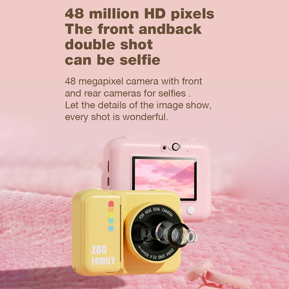 48MP Instant Camera Child Selfie Camera Toy with 3 Rolls Photo Paper Toddler Camera Mini Thermal Printer for Girls Boys Toddlers