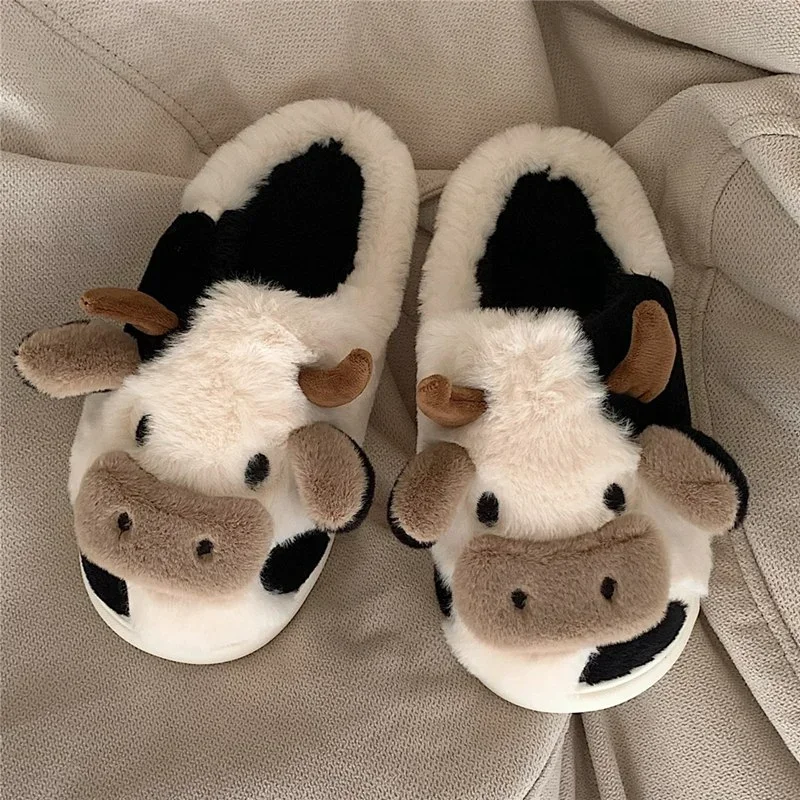 

Upgrate Cute Animal Slipper For Women Girls Kawaii Fluffy Winter Warm Slippers Woman Cartoon Milk Cow House Slippers Funny Shoes