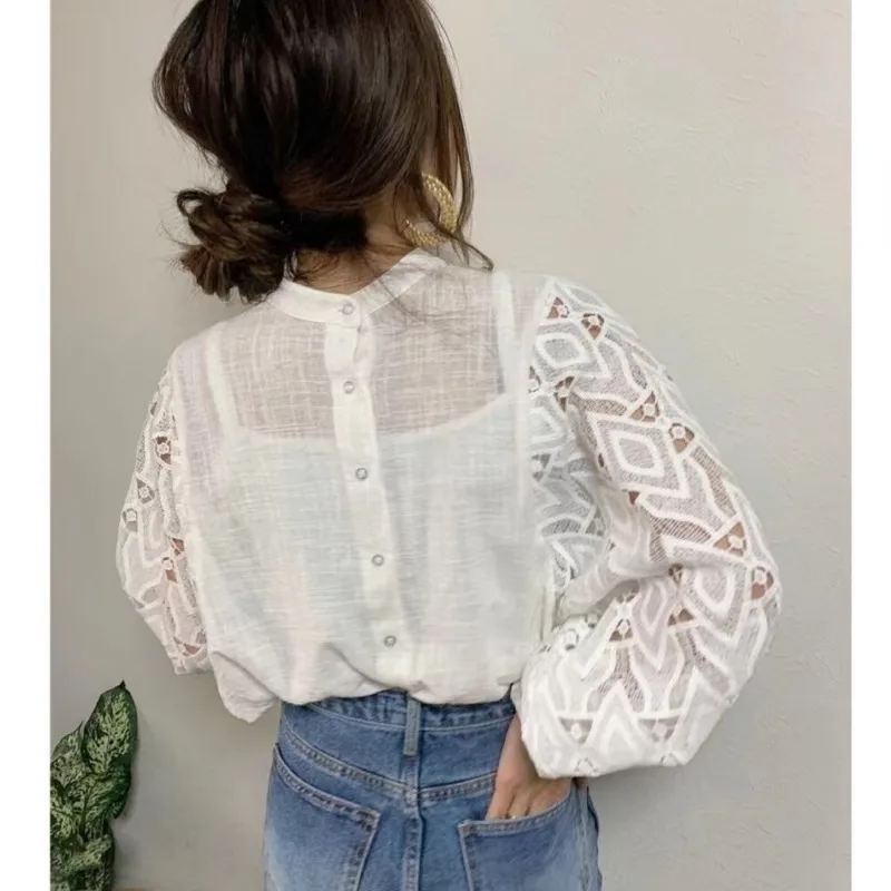 Japanese Loose Oversized Design With A Sense Of Niche Lace Cut Out Embroidery Long Sleeved Shirt For Women's Unique Short Shirt