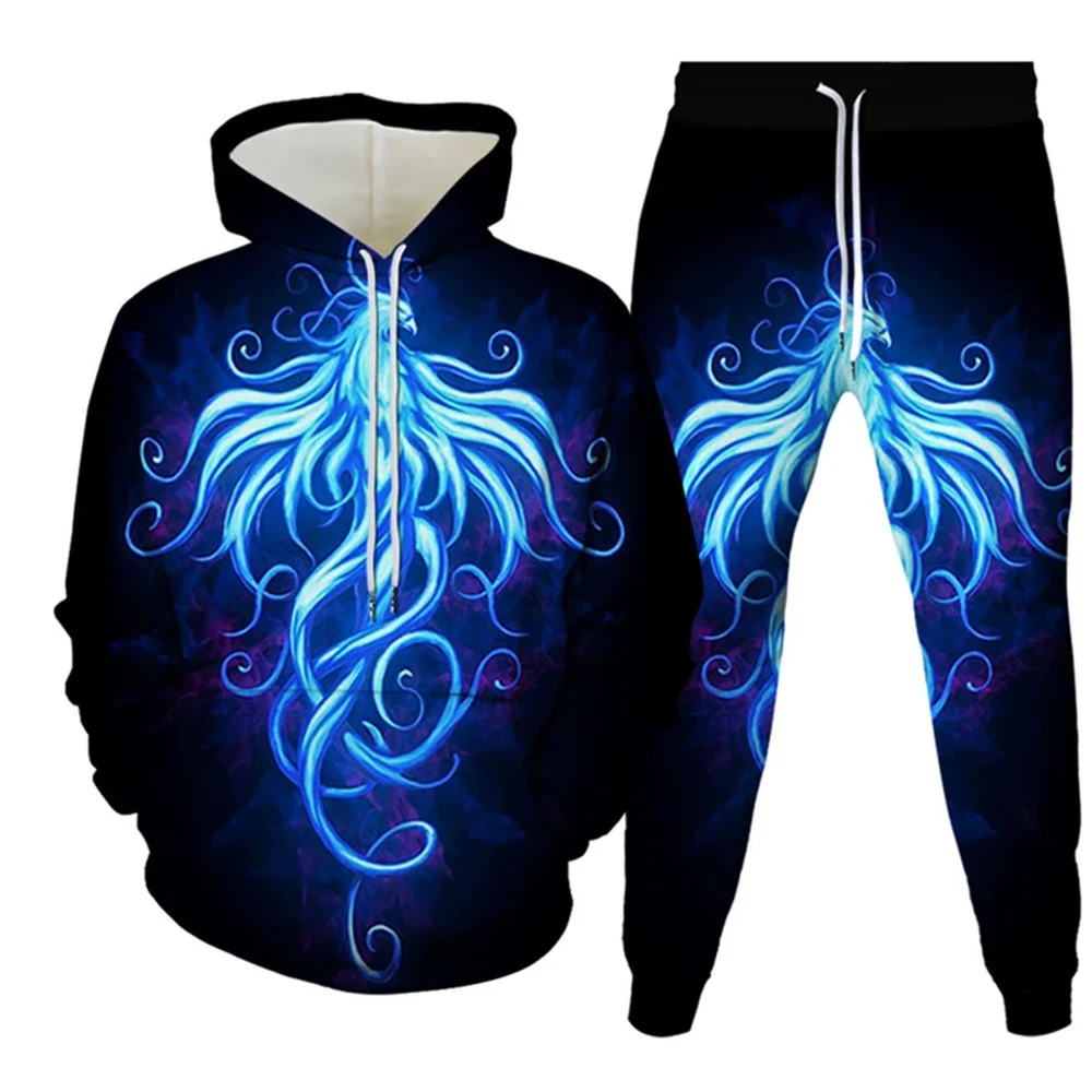 Phoenix And Taiji Element 3D Print Men's O-Neck Tracksuit Sets Casual Hoodie And Pants 2pcs Sets Oversized Pullover Men Clothing