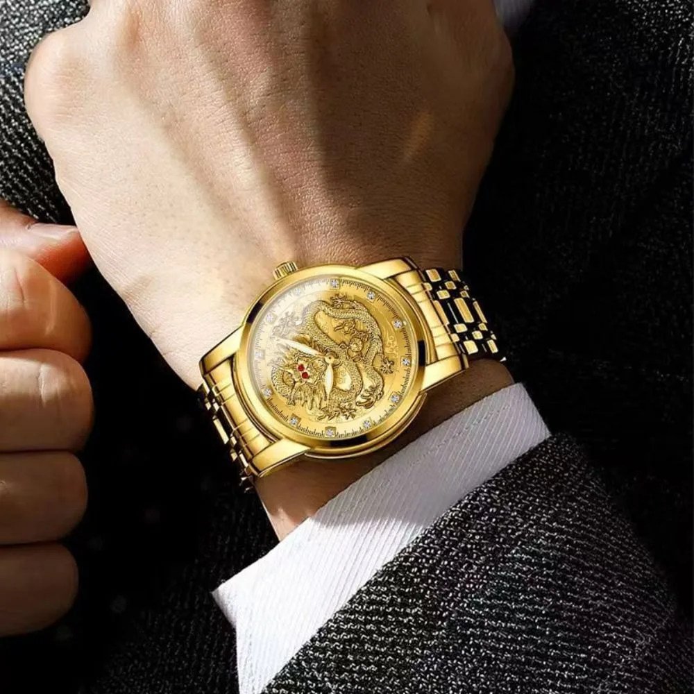 Luxury Stainless Steel Band Men's Watch Luminous Gold Color Quartz Watch Ultra-Thin Calendar Date Dragon Pattern Clock Women