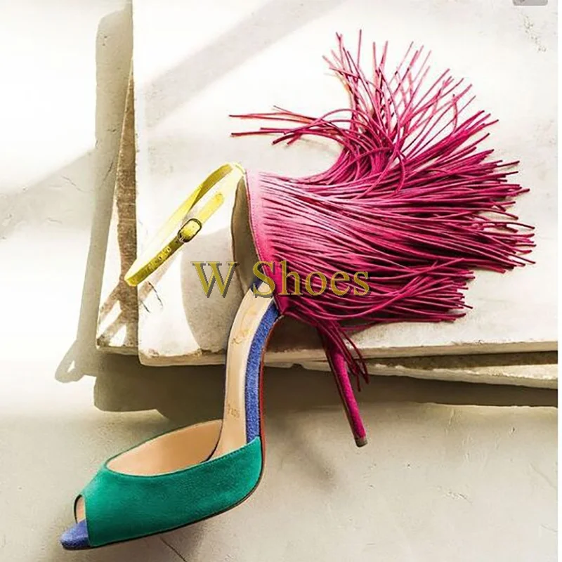 

Colorblock Suede Fringe One-Line Buckle Stiletto Sandals Woman Summer 2025 Open Toe Roman Sandals Sexy Spring Summer Banquet