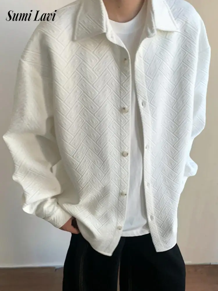 New Casual Mens Long Sleeve Cardigan Tops Fashion Jacquard Textured Shirts Men Spring Autumn Daily Leisure Buttoned Lapel Shirt