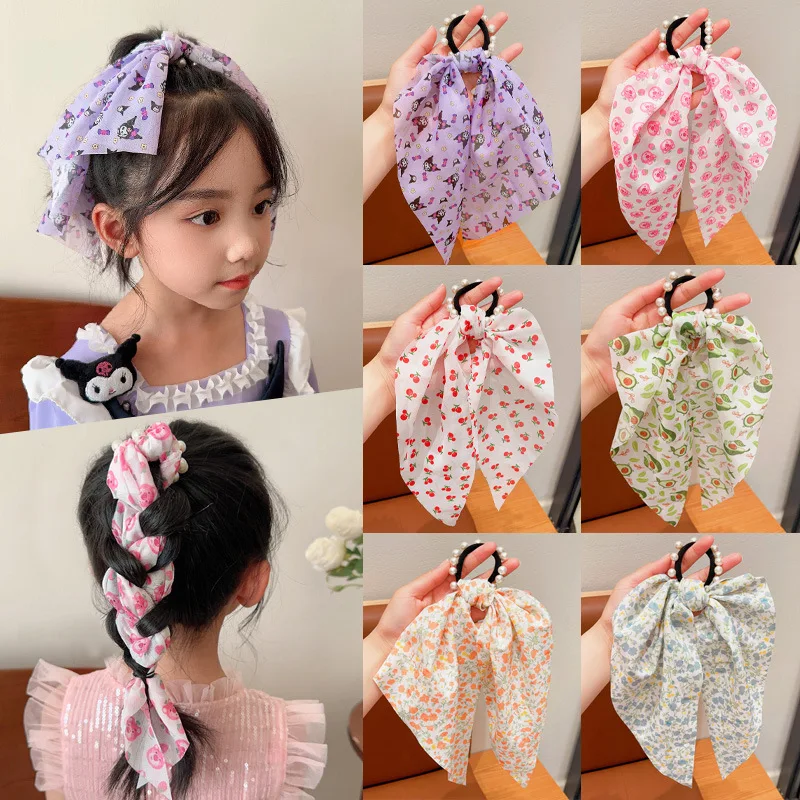 Cute Kids Hair Band Kuromi Headband Cinnamoroll Floral Silk Scarf Pearl High Elastic Ponytail Rubber Band Braided Hair Accessory