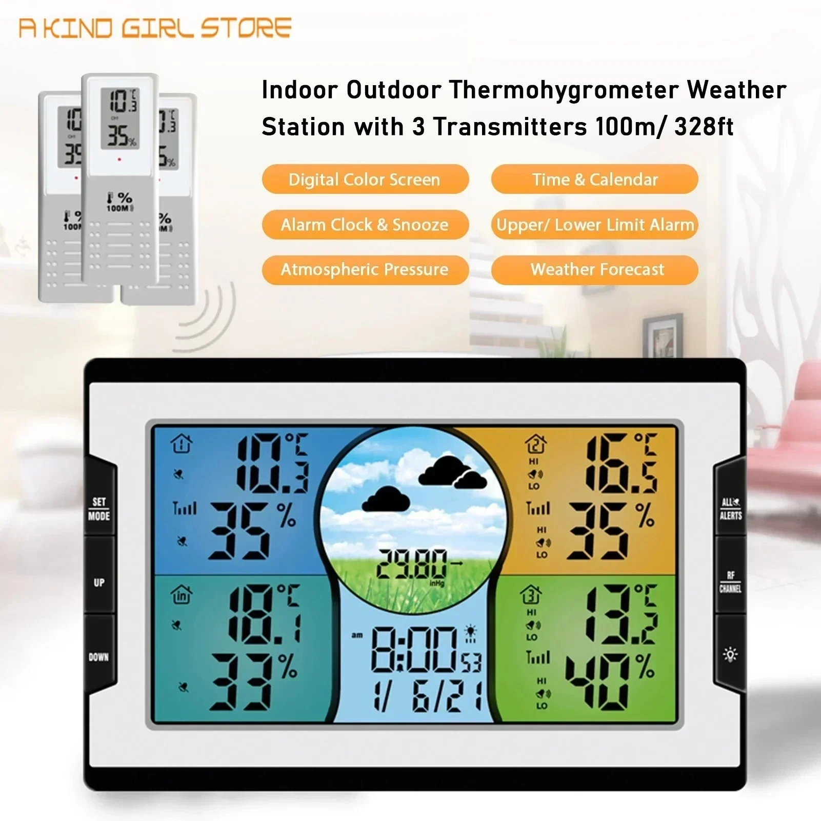 Digital Weather Station With Remote Sensors With 3 Sensors Temperature Humidity Monitor Alarm Clock with Snooze Thermohygrometer