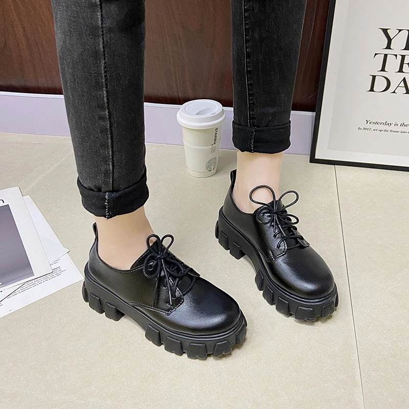 2021 spring Lace Up Chunky Oxfords Shoes Women Loafers Black PU Leather Platform Flats Women Casual Derby Shoes Plus Size 35-43