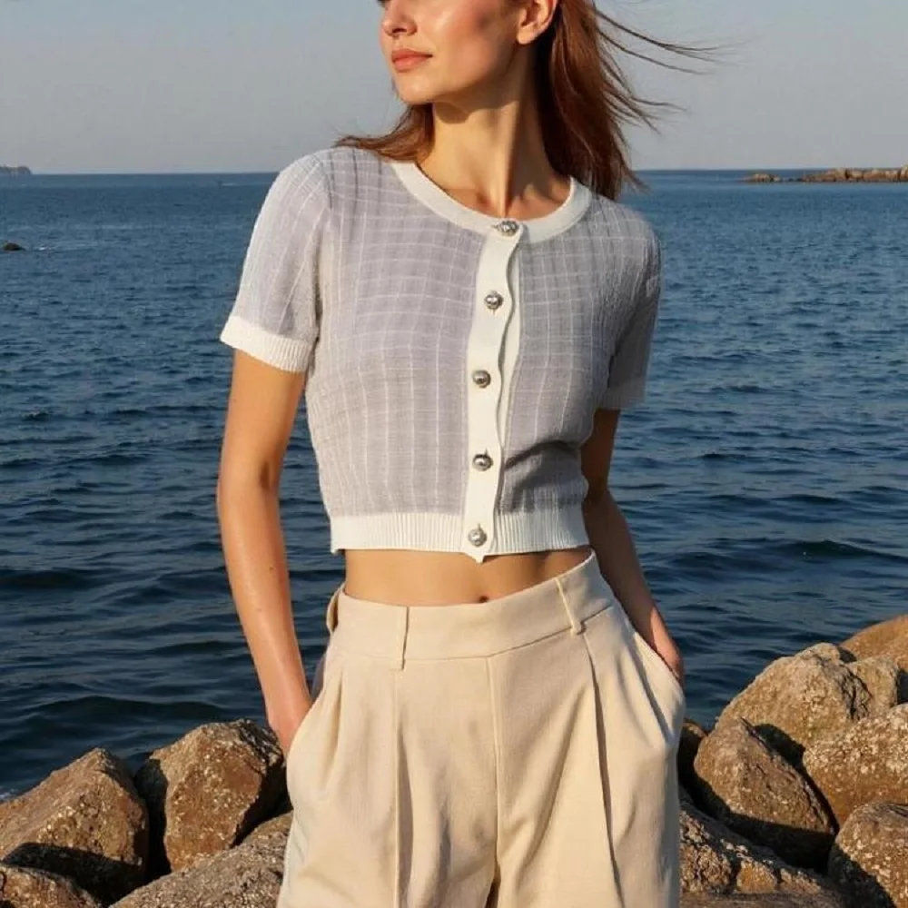 

Summer women's knitted short-sleeved Y elegant style casual fashion all-match personality elegant street trend