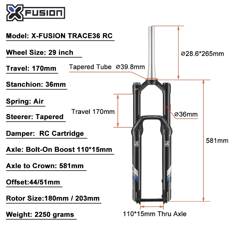 Bicycle Suspension Air Fork 29ER X-FUSION TRACE36 RC 170mm Travel MTB Mountain Bike Front Fork Manual Lock 36mm BOOST 110x15mm