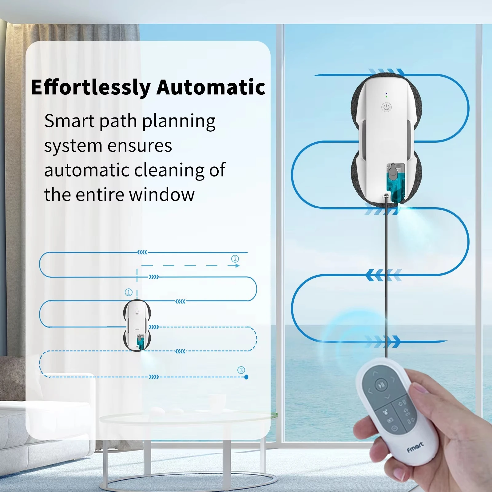 Smart Window Cleaning Robot 3800Pa Inverter Suction Automatic Glass Cleaner 20ml Ultrasonic Mist Water Tank AI Path Planning Car