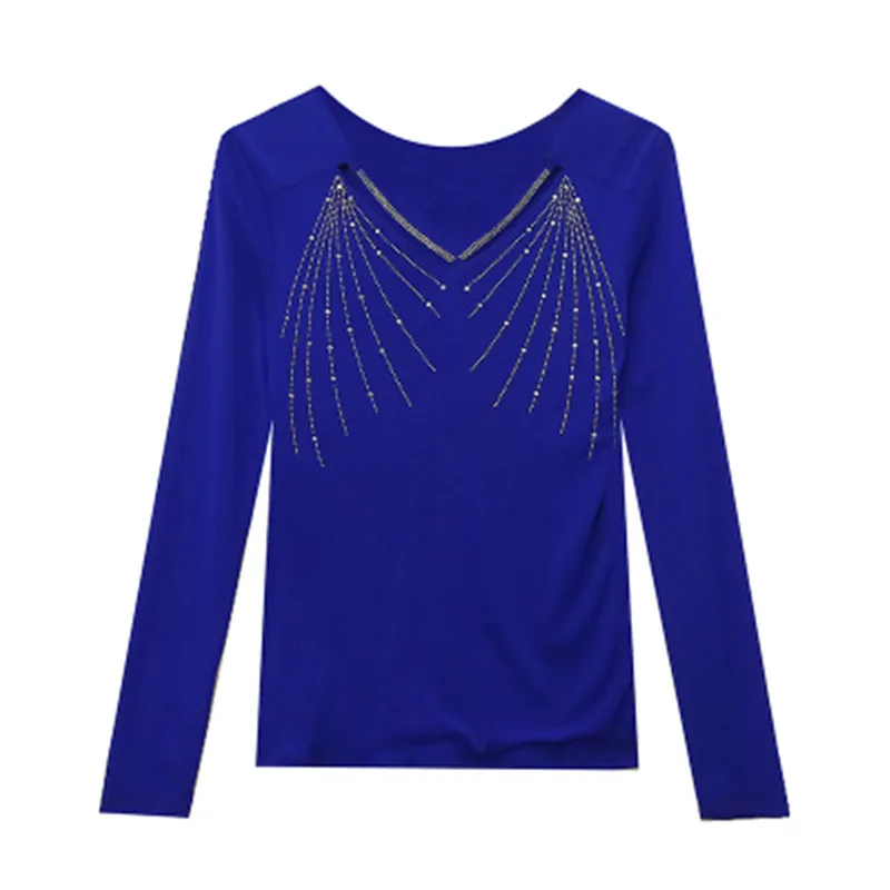 Autumn New Women Mesh Tops Fashion Hollow Out V-Neck Long-Sleeved T-Shirt Classic Shiny Diamonds Bottoming Shirt Elasticity Tees