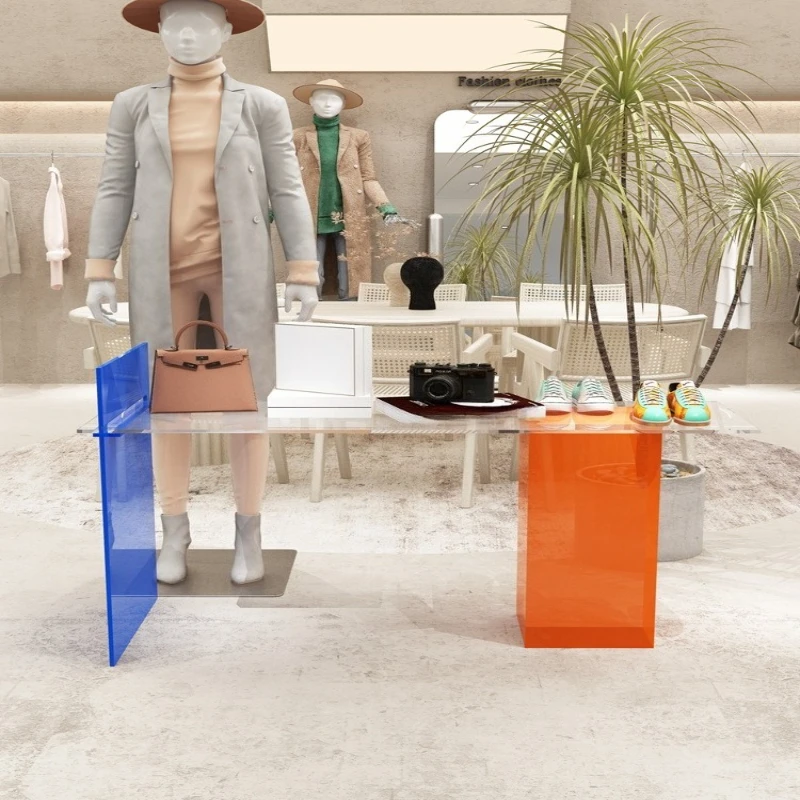 Transparent clothing store, island flowing table, display table, bag display, storage rack, store display props
