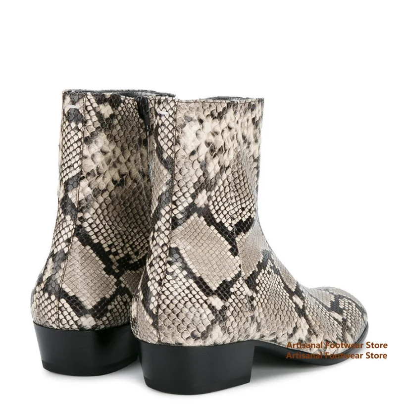 Snake Pattern Chelsea Boots Side Zipper Men's Boots High-Top Men's Leather Booties British Style Handmade New In Men Shoes