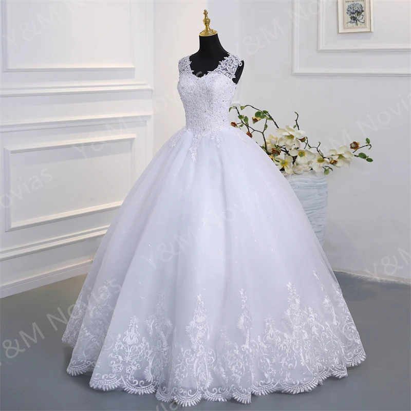 Y&M Novias Crystal Bead V neck Beautiful Lace Appliques Wedding Gown Embroidery Ivory Wedding Dress A line Customized Plus Size