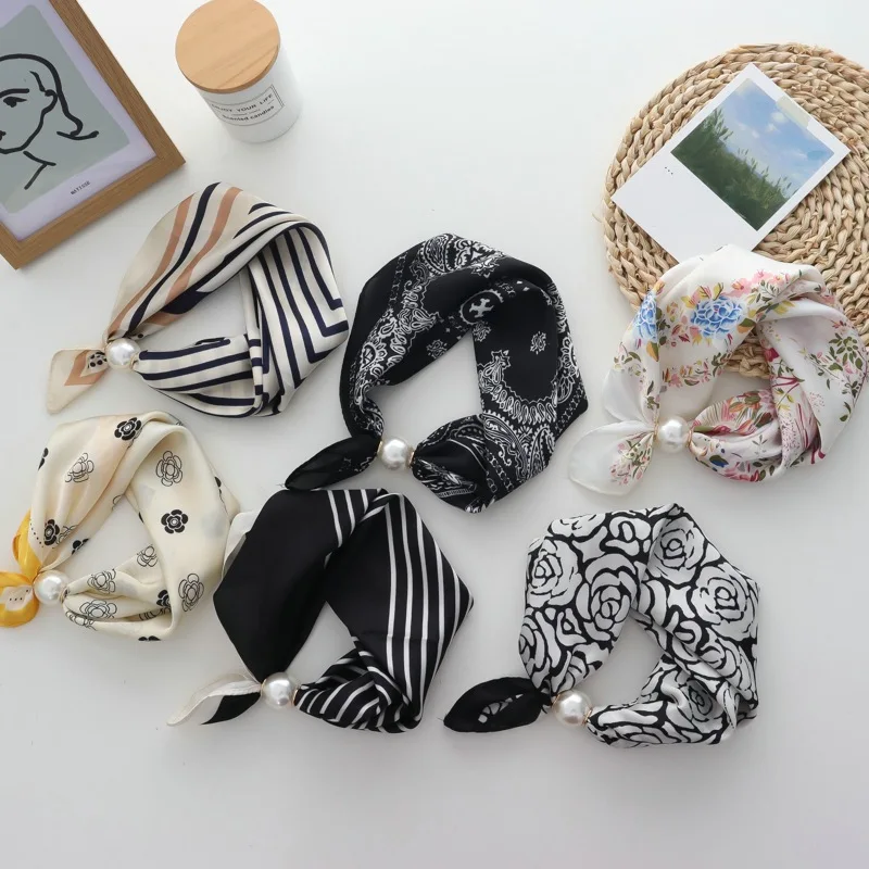 2025 New Fashion Magnetic Buckle Pearl Necklace Narrow Long Silk Scarf for Women Neck Protection Scarf Matching Shirt Thin Scarf