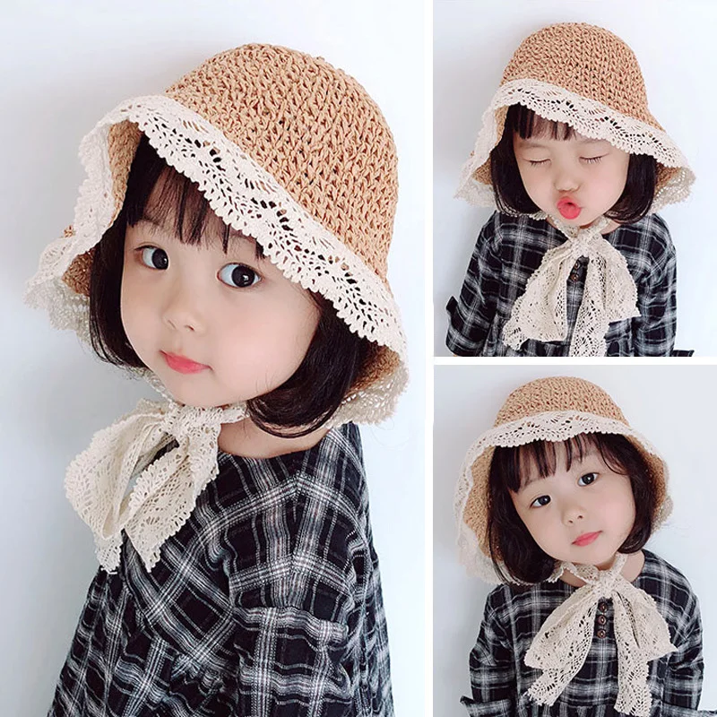 

Lace Ruffle Princess Kids Straw Hat Sweet Tie Baby Fisherman Cap Children Summer Panama Basin Cap 1-6 Year Outdoor Beach Sun Hat