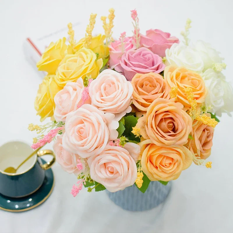 

5 Heads Camellia Rose Artificial Flower Holding Bouquets Wedding Party Scene Display Room Home Decor Fake Floral Gifts 1 Bunch