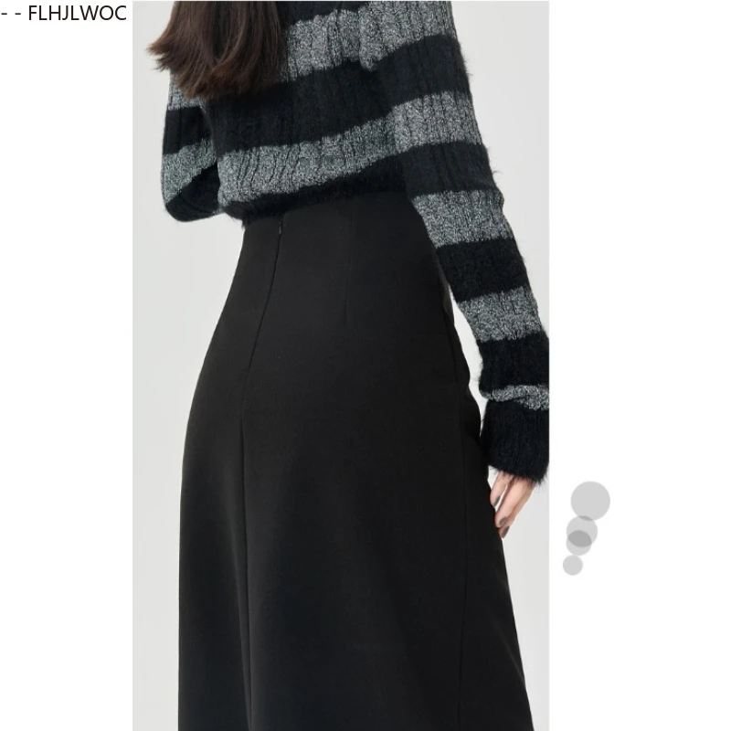 Woolen Skirts New Year Cute Girls 2026 Spring Woman Preppy Style Draped Solid Black High Waist A Line Split Pencil Skirt Long