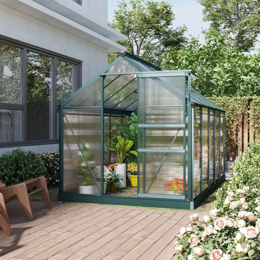 Greenhouse for Outdoors, Polycarbonate Greenhouse with Rain Gutter and Roof Vent, Walk-in Green Houses for Outside