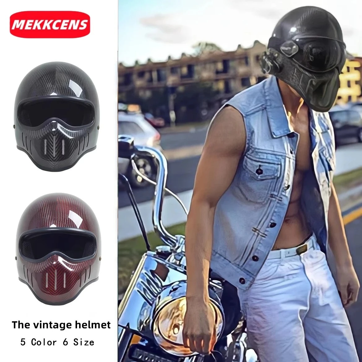 

MEKKCENS мотоциклетный шлем из углеродного волокна, полнолицевой шлем для мужчин и женщин, четырехсезонный мотокрузительный и езда в стиле ретро