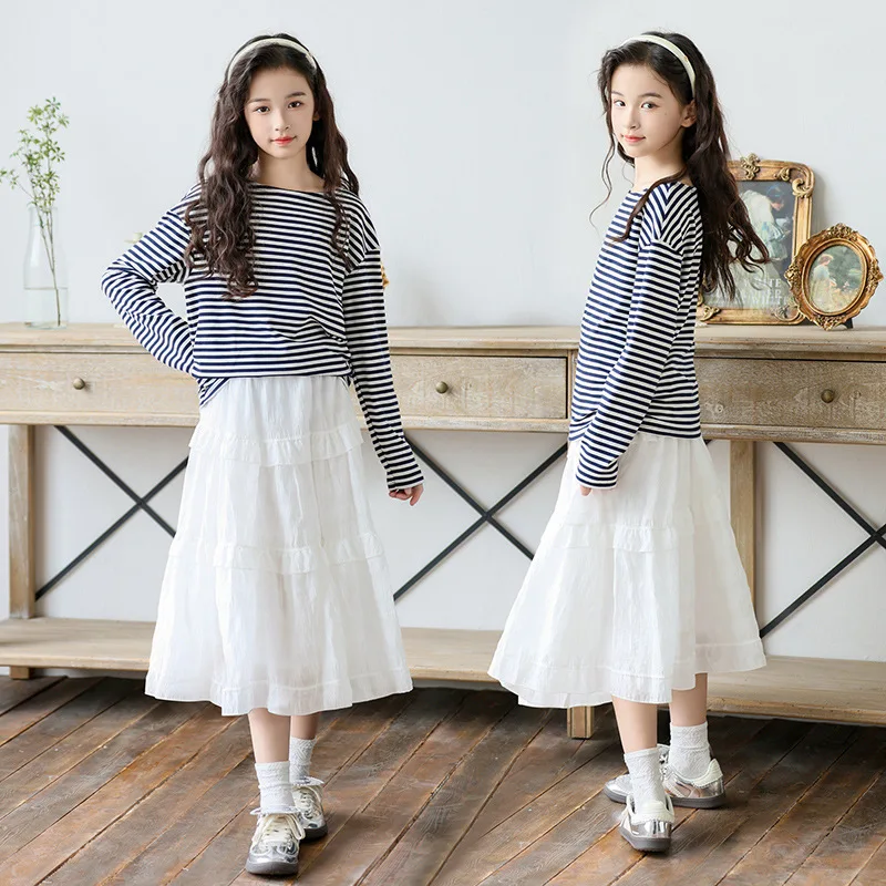 ZOETOP 2024 Spring Autumn School Girl Clothing Set Teenager Girl Stripe Long Sleeve Tops+Chiffon Midi Skirt Sets For Children