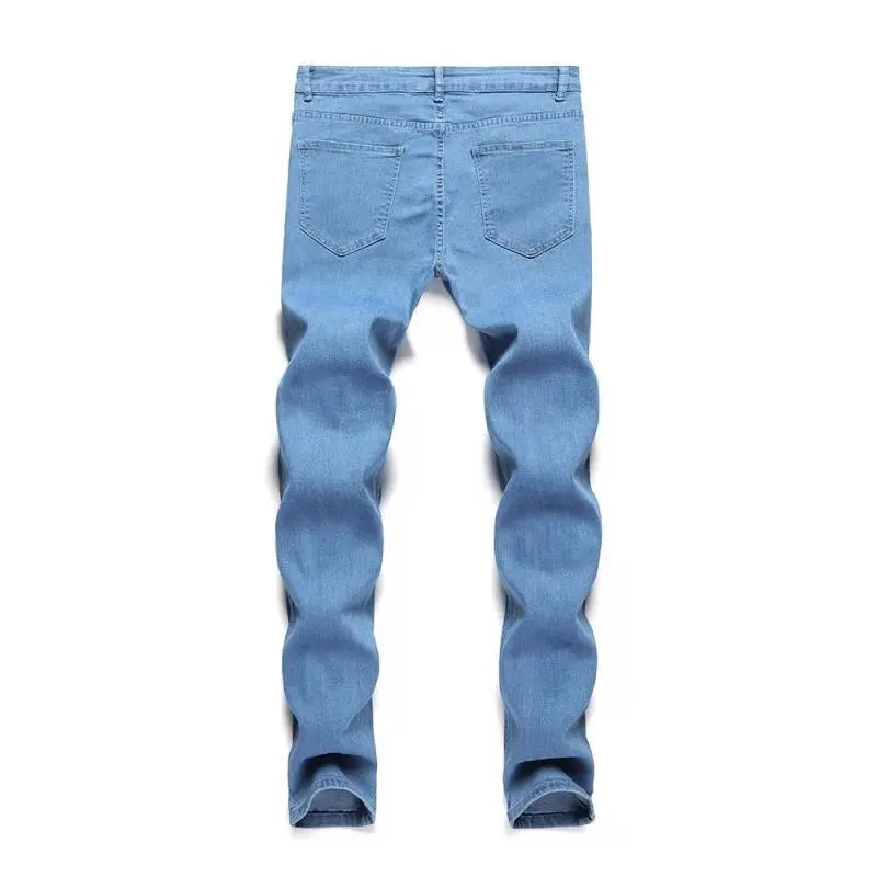 Calça jeans skinny masculina desgastada com perna fina azul rua elástica slim fit uso diário corredores calças jeans