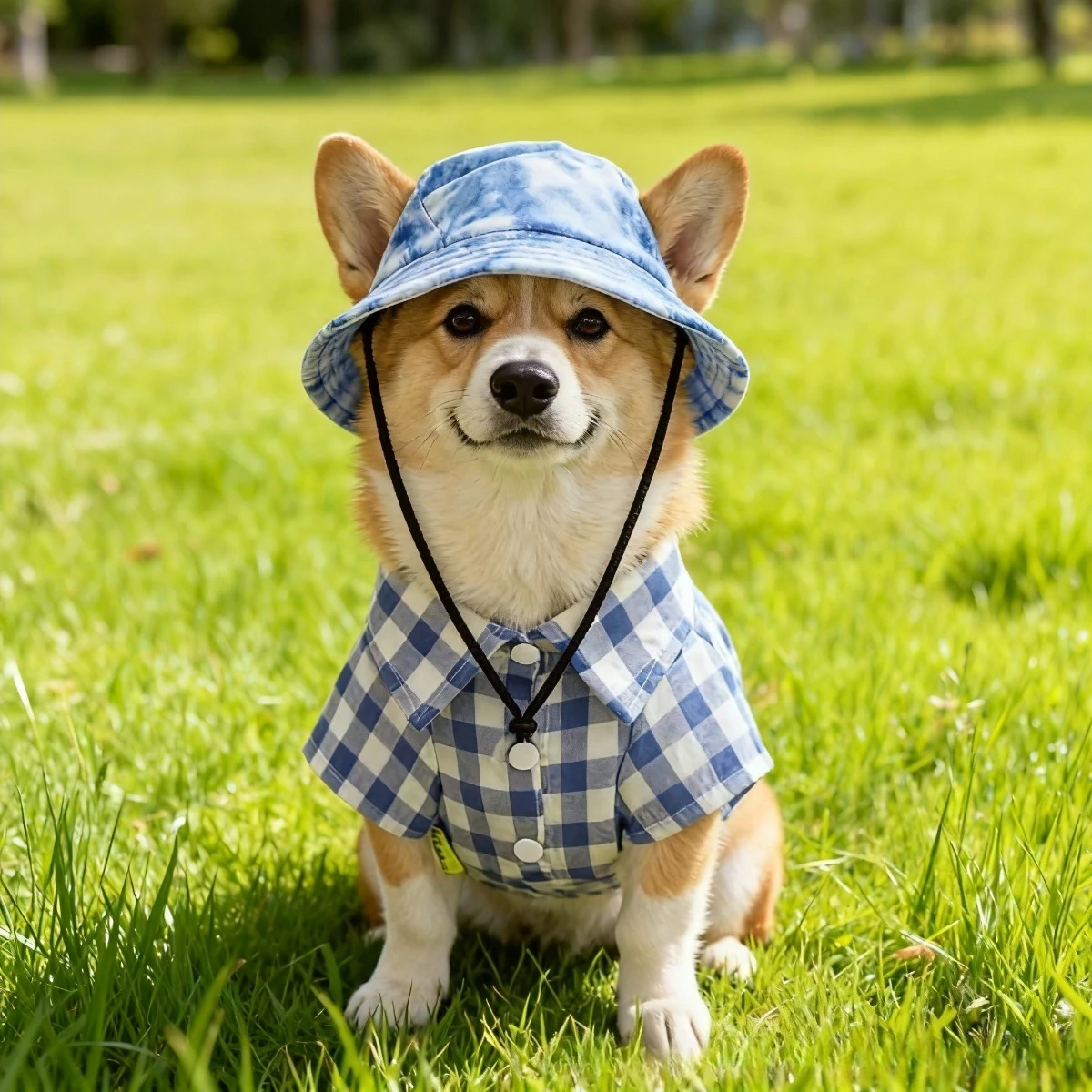 Cute Dog Clothes Set Blue Check Shirt with Sun Hat Breathable Summer Pet Clothing for Shiba Inu