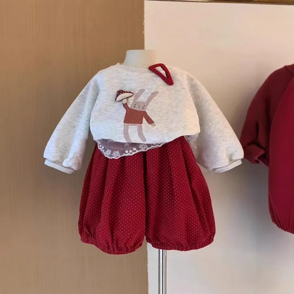 Autumn Fashion Street Style Girl Clothes Korean Edition Children's Clothing 2025 Grey Long Sleeve Top+Red Pants Two Piece Set