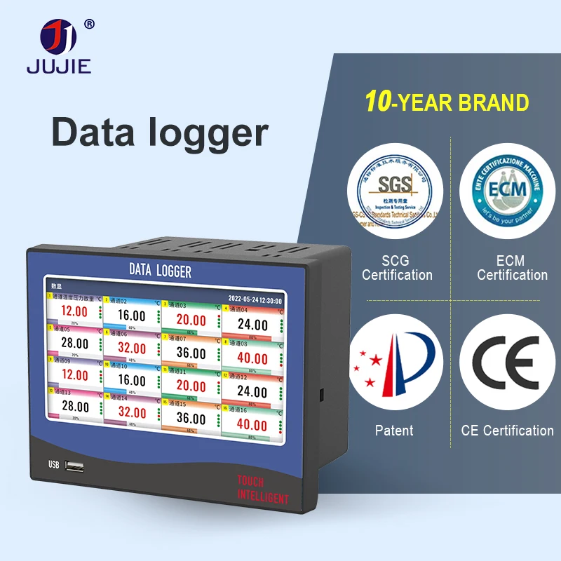 Smart Touch Screen Industrial Data Recorder, temperatura, pressão, tensão, corrente, temperatura, Data Logger, 1,8,16,32 canais