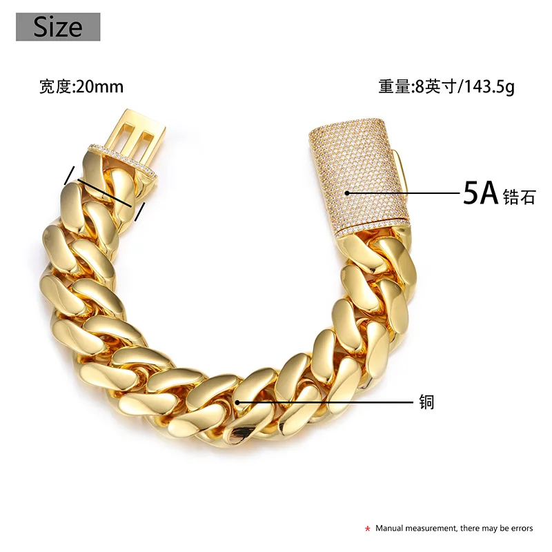 10mm-20mm wide Hip Hop Bling Iced Out Round Miami Curb Cuban Link Chain Bracelets for Men Rapper Jewelry Gold Silver Color