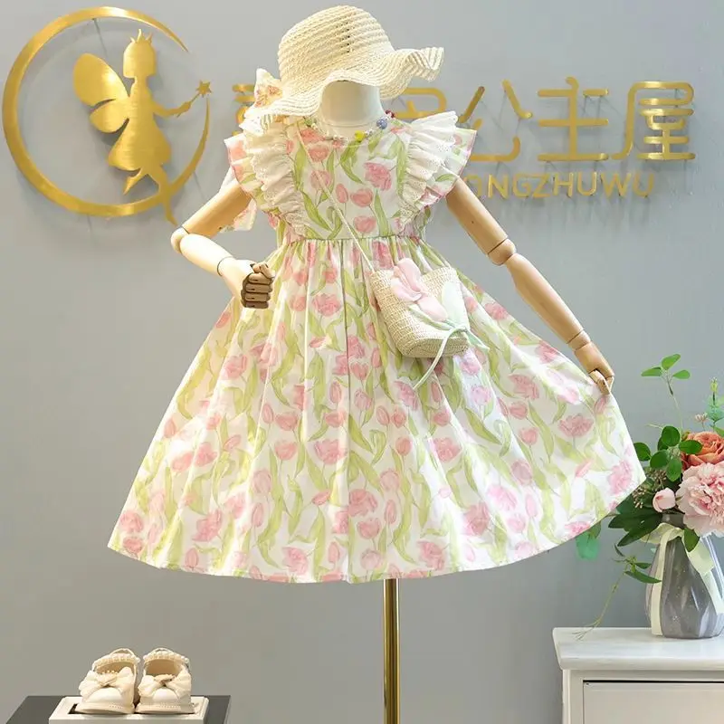 

Girls Summer Sleeveless Suspender Dress Summer Party Kids Beach Long Chiffon Dresses Chinese Floral Print Skirt 4 10 11 12 Years