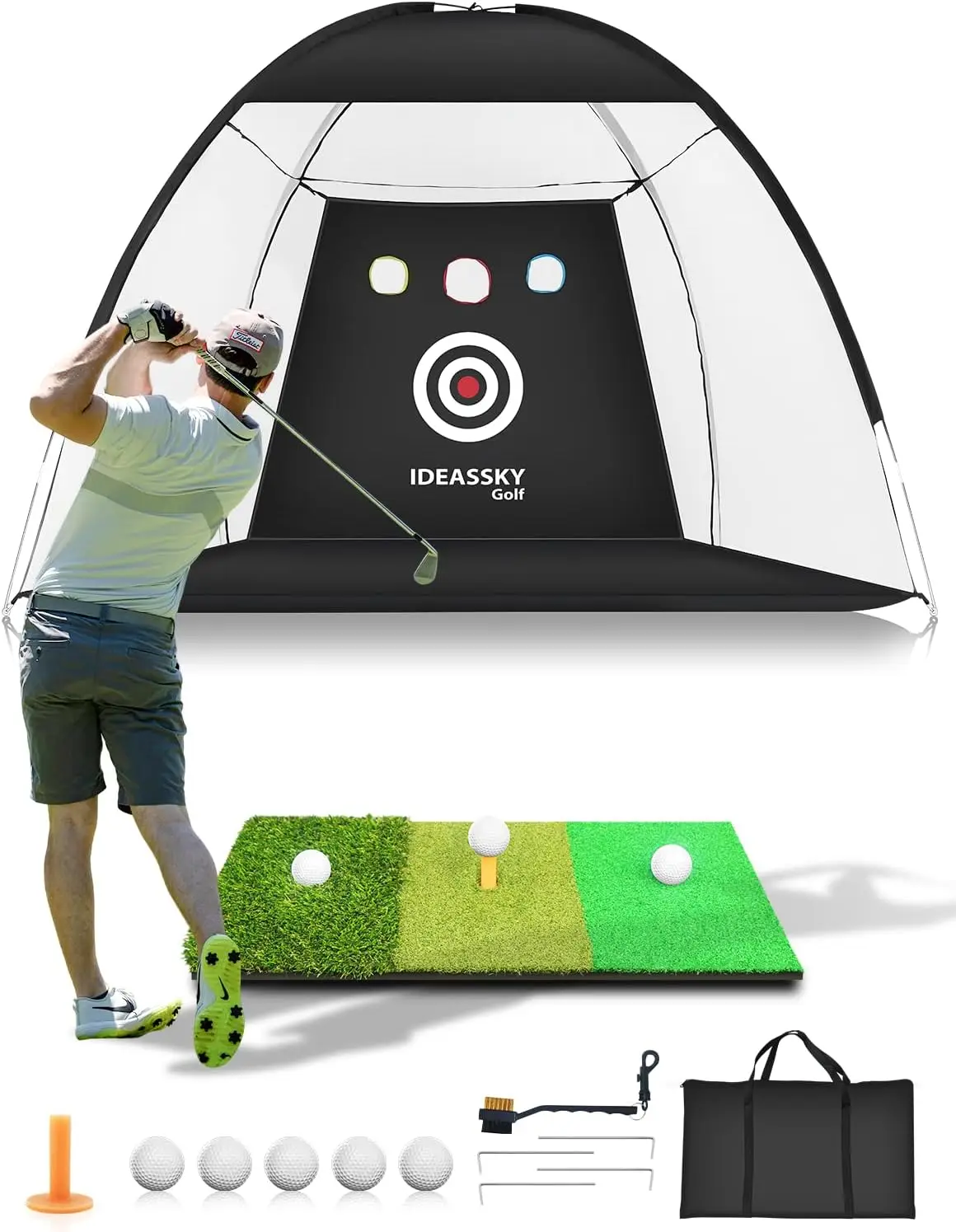 

Golf Net with 10x7 Feet Golf Practice Hitting Net with Tri-Color Golf Mats