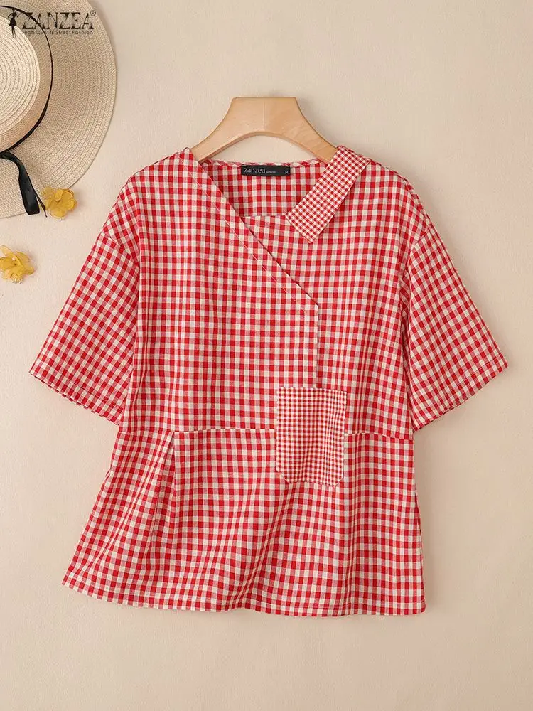 ZANZEA 캐주얼 시크 패치워크 디자인 깅엄 블라우스 여성용 브이넥 드롭숄더 반소매 탑 여름 2025 신상 일상복